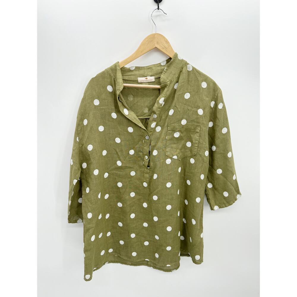 Lands Downunder Tunic Women Medium Green Polka Dot Linen Italy‎ 3/4 Sleeve